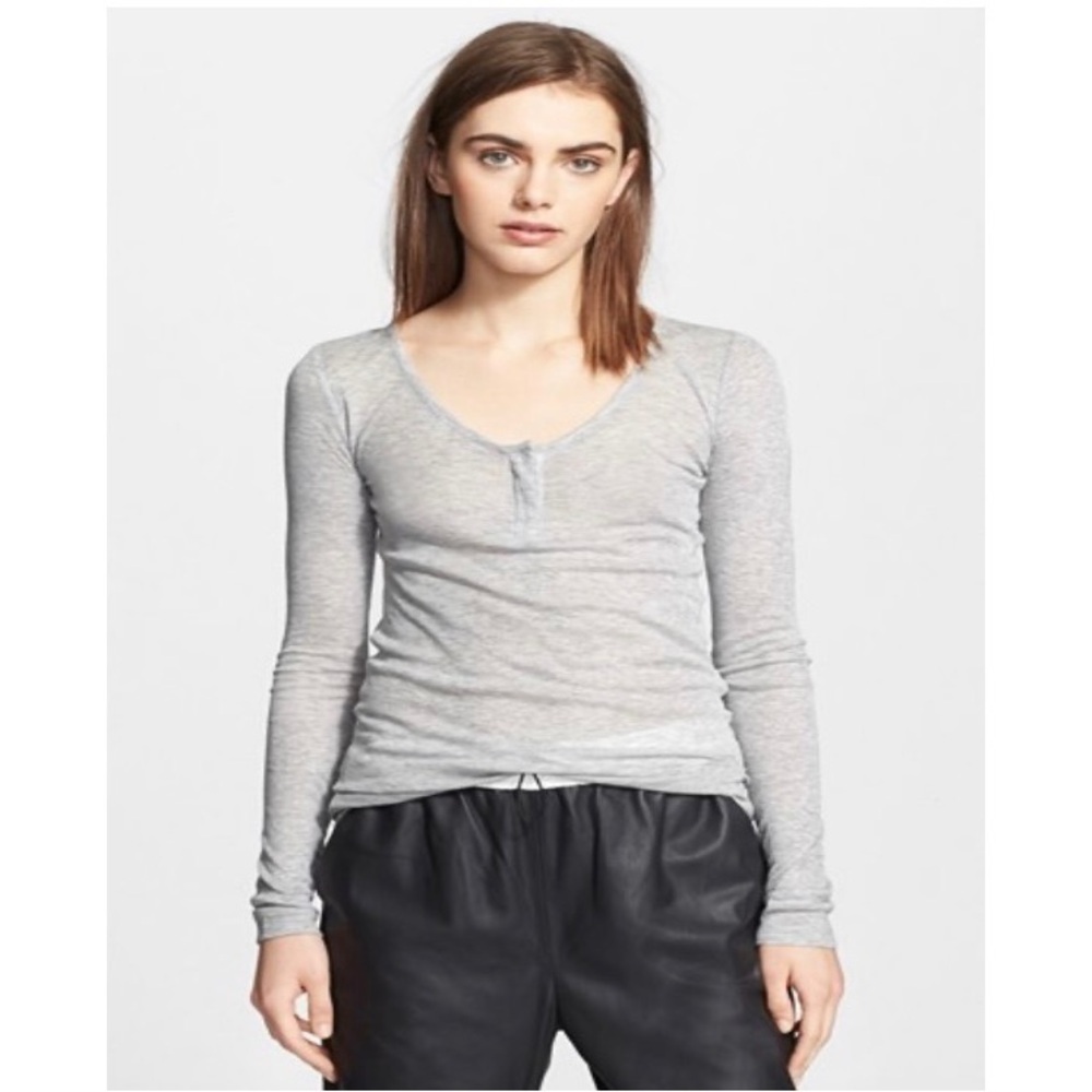 T By Alexander Wang Gray Scoop Neck Ribbed Henley Long Sleeve T-Shirt Size L